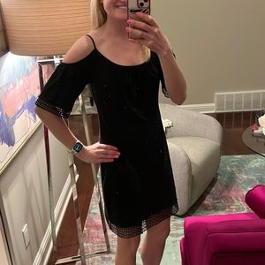 Cold shoulder dress with fun lace detail on sleeves & hem line!